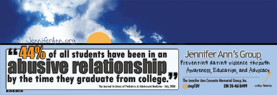 Image of the front of an educational bookmark from Jennifer Ann's Group. The top has a banner image of a stylized sky. Beneath is a statistic: 44% of all students have been in an abusive relationship by the they graduate from college. Adjacent to the statistic is: Jennifer Ann's Group. Preventing dating violence through Awareness, Education, and Advocacy +video games. This is followed by @stopTDV and EIN 20-4618499.